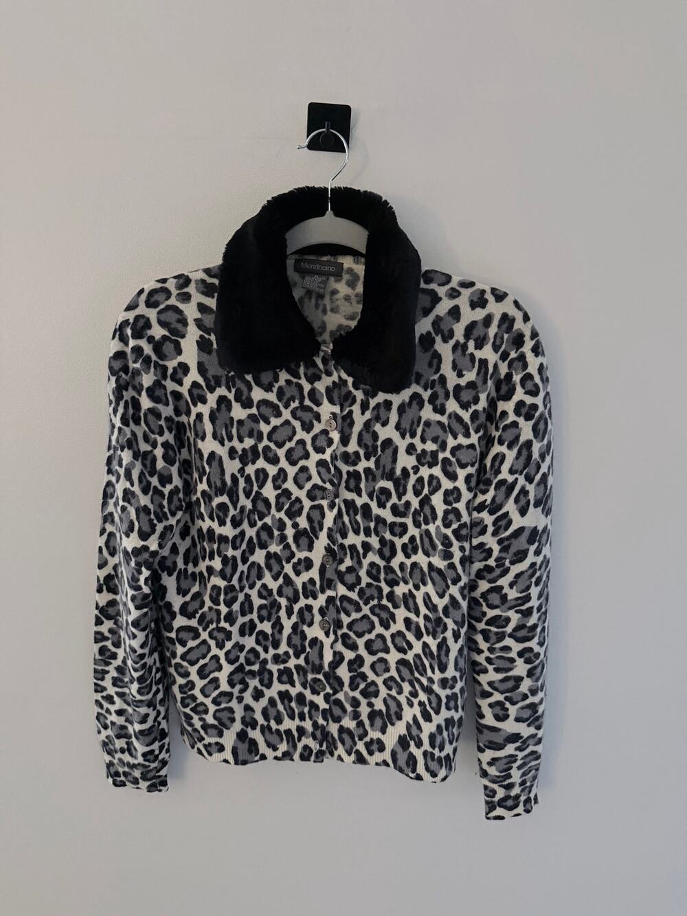 Mendocino Leopard Print Knit Lambswool Fur Collar Cardigan-Size M
